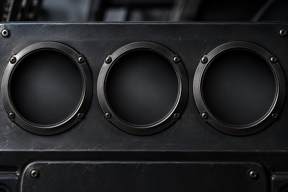 Trzy okrągłe, puste tarcze, ciemny metal, bez numeracji